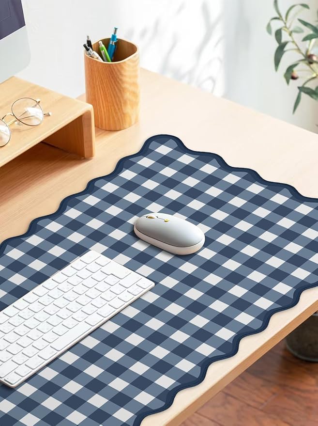 Scalloped‌ Checkered Desk Mat Cute Dark Blue XXL Large Gaming Mouse Pad Gingham - Image 3
