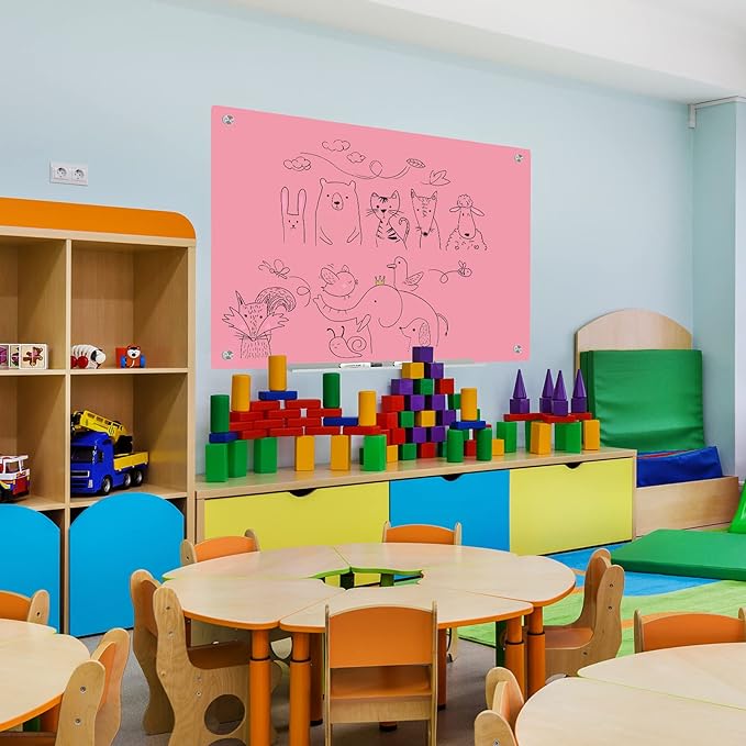 J&J worldwide Magnetic Glass Whiteboard, Wall Mounted Glass Dry Erase Board 47 x 35 Inch, Pink Surface, Frameless with Markers, Magnets, Marker Tray, Eraser for Office, Home, School-DeskLoop Office