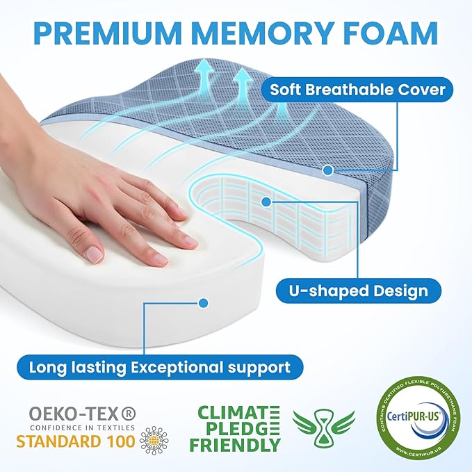 TushGuard Office/Car Seat Cushion, Non-Slip Sciatica & Back Coccyx Tailbone Pain Relief Chair Pad, Memory Foam Butt Pillow for Computer Desk, Wheelchair, Driving (Light Blue, XX-Large)-DeskLoop Office