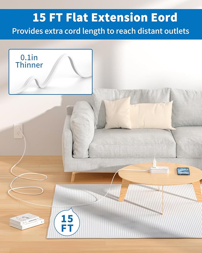 Flat Extension Cord 15 ft, NTONPOWER Surge Protector Power Strip with 6 Widely Outlets 4 USB Ports(2 USB C), Flat Plug, Wall Mounted, Side Outlet Extender for Indoor, Home Office, Dorm Room Essentials-DeskLoop Office