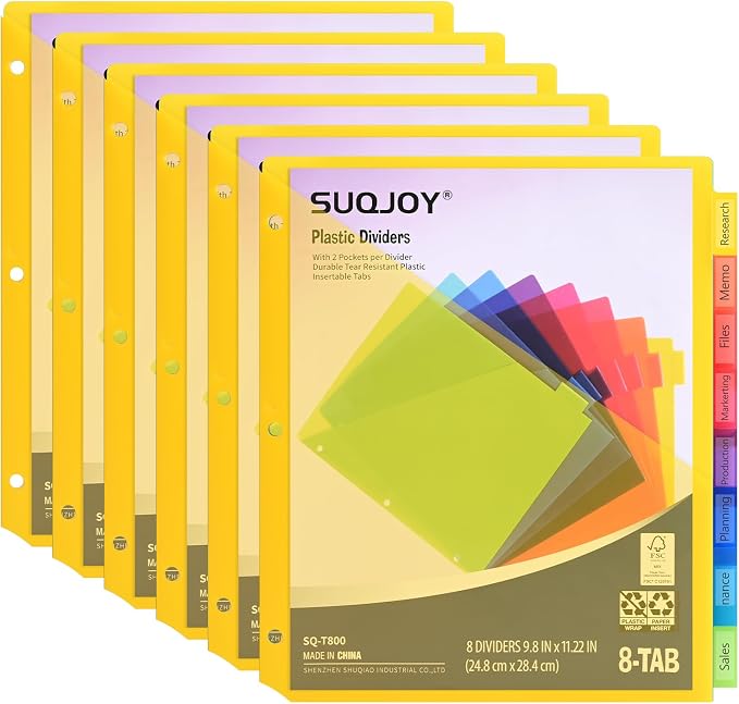 SUQJOY 8-Tab Dividers for 3 Ring Binder, Subject Dividers, 3-Hole Plastics by SUQJOYOFFICE