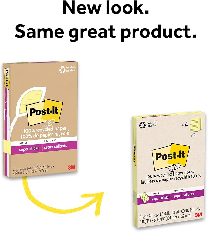 Post-it 100% Lined Recycled Super Sticky Notes, 4 x 6 in, 4 Pads | School - Image 9