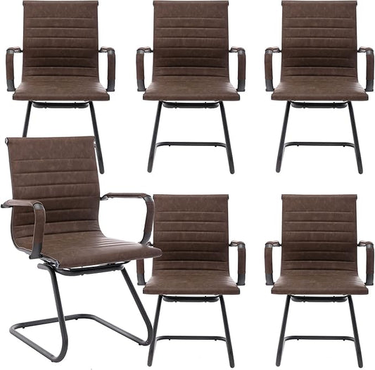 Office Desk Chair No Wheels Set of 6 PU Leather Computer Chairs Mid Back Guest Chairs for School Reception Conference Waiting Room, Vintage Brown-DeskLoop Office
