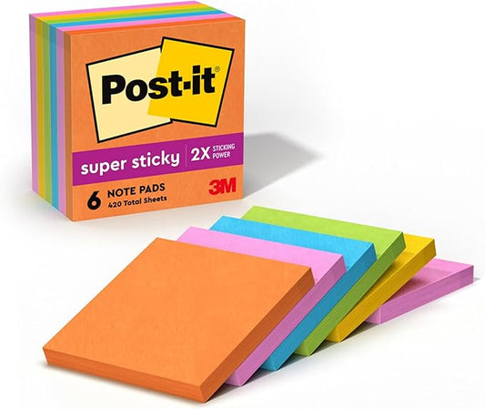 Post-it Super Sticky Notes, 3x3 in, 6 Pads, 2X The Sticking Power, Energy Boost Collection, Bright Colors (Orange, Pink, Blue, Green),Recyclable (654-6SSAU)-DeskLoop Office
