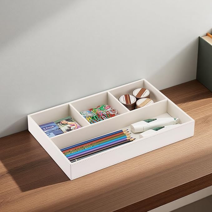 KINGFOM PU Leather Desk Drawer Organizer, 4 Compartment Office Supplies Stationery Storage Tray, Desk Organizers and Accessories Drawer Organizer Tray for Home, Makeup, Jewelry Stackable White-DeskLoop Office
