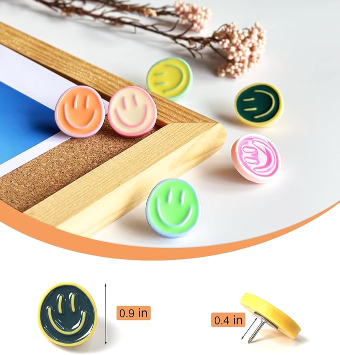 24 Smiley Face Decorative Push Pins, Cute Bulletin Board Push Pins, Thumbtacks - Image 5