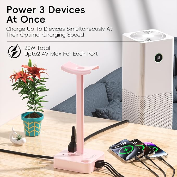 Pink Headphone Stand with USB Charger, Gaming Headset Holder with 3 USB Ports & - Image 6