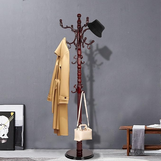 Coat Racks Free Standing with 14 Hooks, Natural Wood Coat Rack with Solid Round Base, Adjustable Height Coat Racks, Easy Assembly for Hallway, Bedroom and Office (Reddish brown)-DeskLoop Office