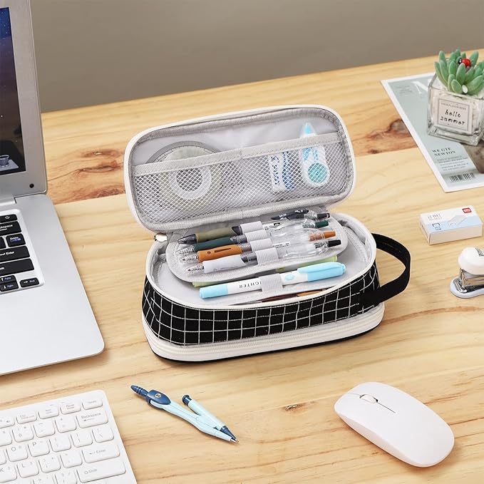 Large Pencil Case Zipper Pencil Pouch for Girls Boys Adults Kids Aesthetic Pencil Bag Organizer Big Capacity Pens Bag with Handle Portable for School Office Black-plaid-DeskLoop Office