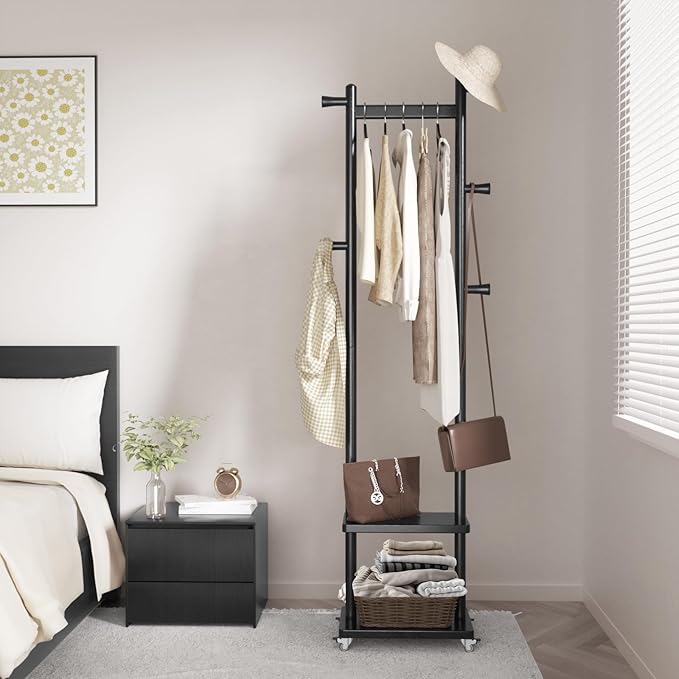 Coat Rack Freestanding Clothing Rack with Wheels & 2 Shelves Storage & 5 Hooks Heavy Duty Clothes Rack Wood Coat Tree Stand Hat Hanger Rack for Corner Bedroom Entryway Living Room Hotel-DeskLoop Office