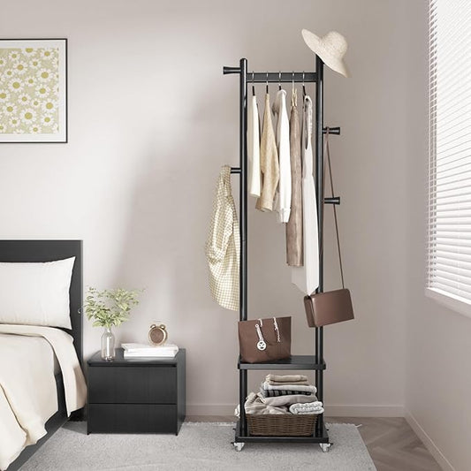 Coat Rack Freestanding Clothing Rack with Wheels & 2 Shelves Storage & 5 Hooks Heavy Duty Clothes Rack Wood Coat Tree Stand Hat Hanger Rack for Corner Bedroom Entryway Living Room Hotel-DeskLoop Office