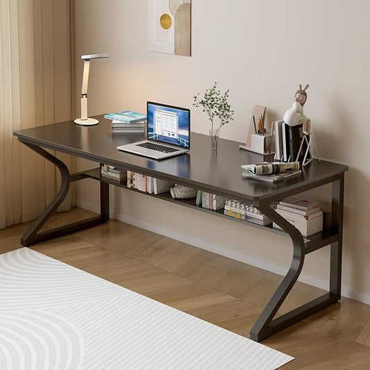 Extra Long Desk with Bookshelf - 63" Double Long Writing Table for 2-Person Workstation, Modern Study Work Computer Desk for Home and Office, Black-DeskLoop Office
