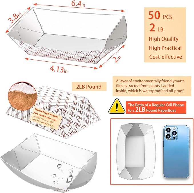 50 Pack Checkered 2Lb Paper Food Boat Trays Disposable Paper Boats Containers - Image 2