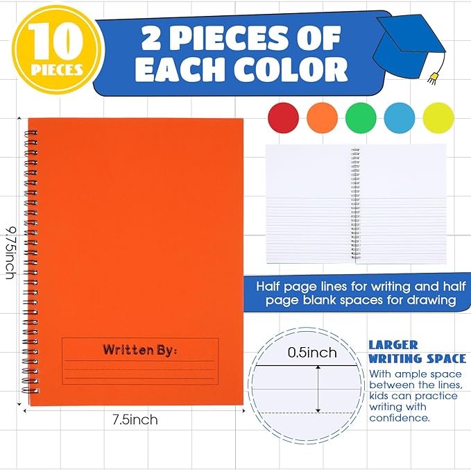 Henoyso 10 Pcs 100/50 Sheets Primary Composition Notebook K-2 Bulk Spiral Primary Journal Drawing Handwriting Practice for Kids Kindergarten 1st 2nd Back to School Supplies (Bright Color,50 Sheets)-DeskLoop Office