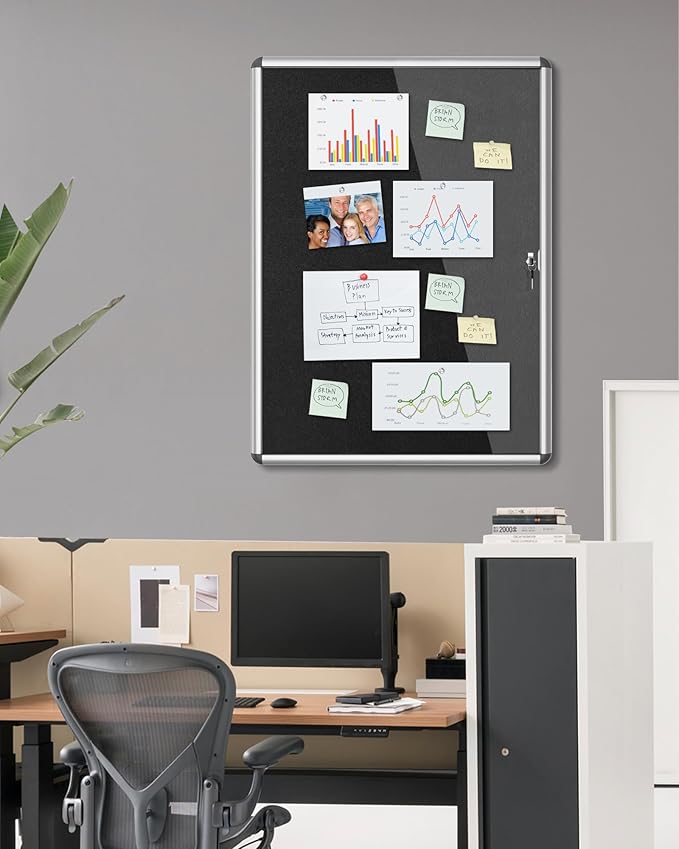 38"x28" Enclosed Bulletin Board, Lockable Weather-Resistant Aluminum Cork Noticeboard for School & Office, Silver Frame w/Black Flet-DeskLoop Office