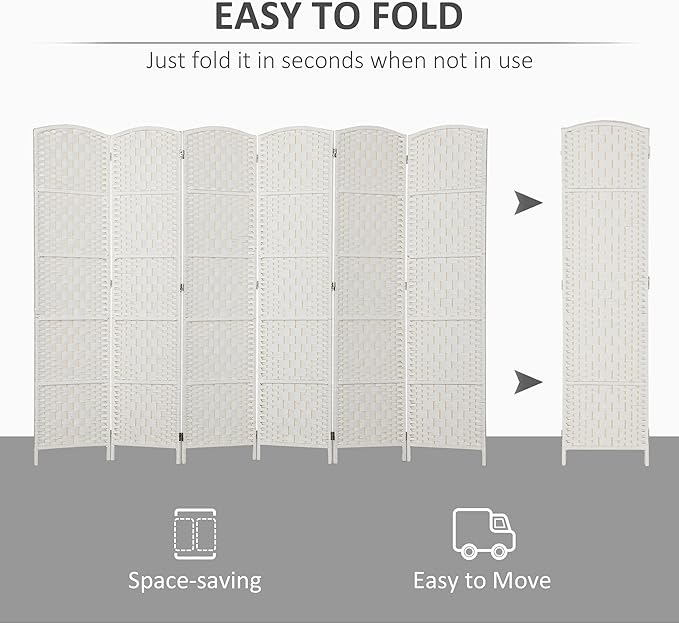 HOMCOM Room Divider, 6 Panel Folding Privacy Screen, 6FT Tall Portable Wicker Weave Partition Wall Divider for Bedroom, Home Office, White-DeskLoop Office