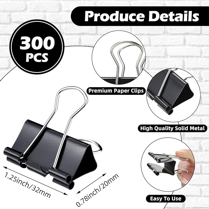 Yexiya 300 Pcs Medium Binder Clips Paper Med Clips Office Supplies Paper Clamps for Teachers Students School Office Business Paperwork Supplies (Black, 1.25 Inch)-DeskLoop Office