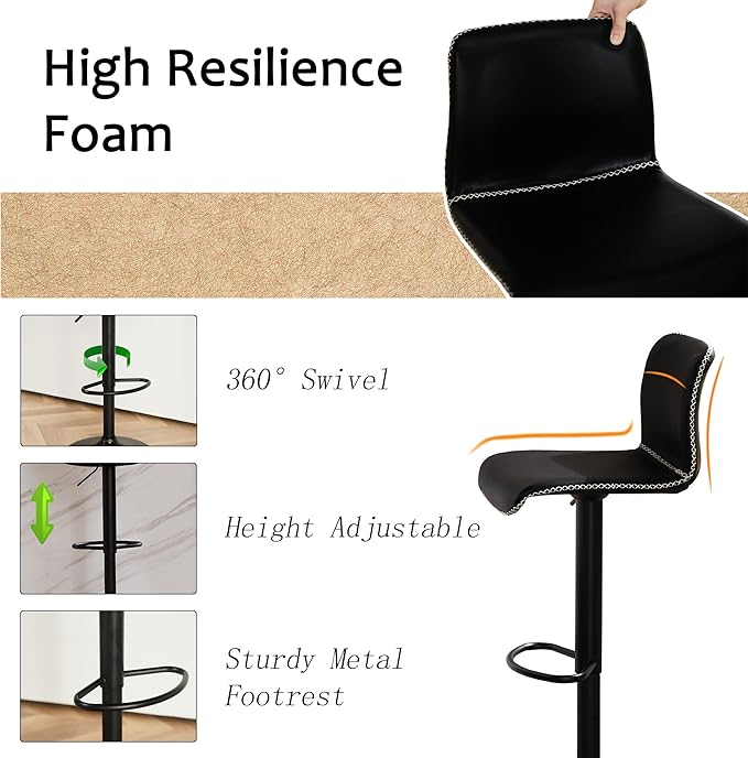 HeuGah Bar Stools Set of 6, Swivel Counter Height Barstools with Back, Adjustable Height 24" to 32", Black Faux Leather Bar Chairs for Kitchen Island (Black, Set of 6 (24'' to 32''))-DeskLoop Office