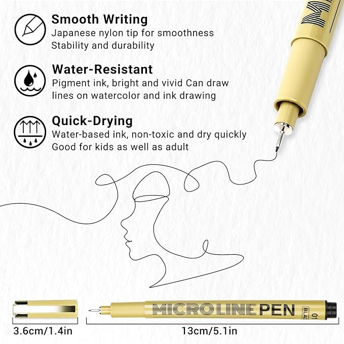 KERIFI Fineliner Ink Pens, Black Micro Fine Point Drawing Pens Waterproof Archival Ink Multiliner Pens for Artist Illustration, Sketching, Technical Drawing, Zentangle, Scrapbooking (6 Assorted Nib)-DeskLoop Office