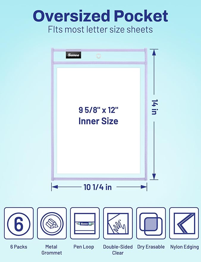 SUNEE 6 Packs Oversized Reusable Dry Erase Pocket Sleeves - Image 2