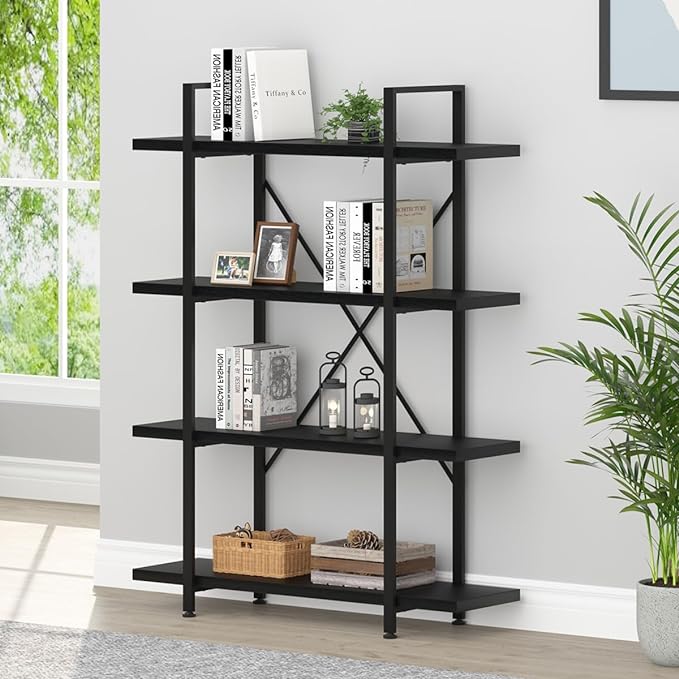 HSH 4 Tier Black Bookshelf, Industrial Metal Wood Storage Book Shelves, Modern Open 4 Shelf Bookcase and Display Etagere, Vertical Book Shelf for Bedroom Living Room Office-DeskLoop Office