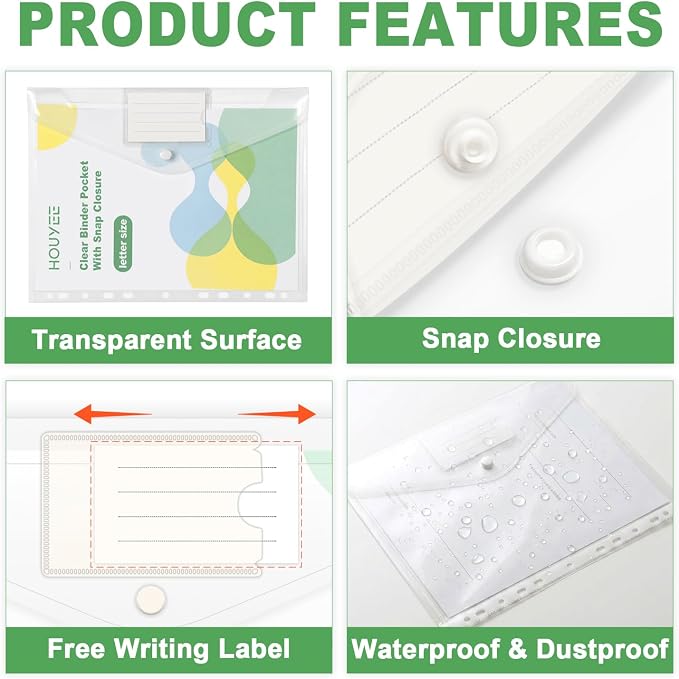 HOUYEE 12 Pack Clear Binder Pocket, 11 Holes Heavy-Duty Plastic Binder Pouch - Image 4