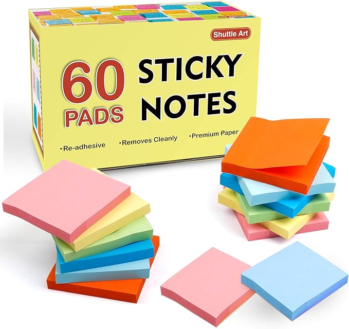 Sticky Notes, Shuttle Art 60 Pads Bright Stickies, 6 Assorted Colors, 3x3 Inches, 100 Sheets/Pad Sticky Pads for Home, School, Office-DeskLoop Office