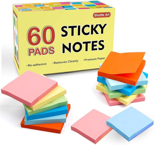 Sticky Notes, Shuttle Art 60 Pads Bright Stickies, 6 Assorted Colors, 3x3 Inches, 100 Sheets/Pad Sticky Pads for Home, School, Office-DeskLoop Office