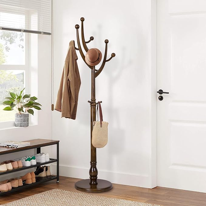Wood Coat Rack Coat Tree Freestanding with Hooks, Heavy Duty Standing Coat Rack with Solid Round Base, 74” Tree Shaped Coat Hanger Stand for Clothes, Hat, Jacket, Entryway Bedroom, Walnut-DeskLoop Office
