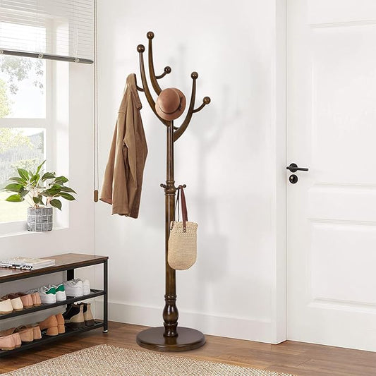 Wood Coat Rack Coat Tree Freestanding with Hooks, Heavy Duty Standing Coat Rack with Solid Round Base, 74” Tree Shaped Coat Hanger Stand for Clothes, Hat, Jacket, Entryway Bedroom, Walnut-DeskLoop Office