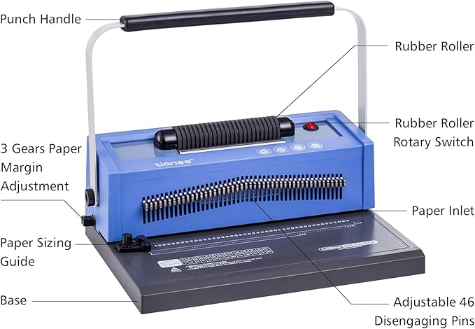 TIANSE Spiral Coil Binding Machine, Manual Book Maker Punch Binder with Electric Coil Inserter, Disengaging pins, Adjustable Side Margin, Comes with 100pcs 5/16'' Plastic Coil Binding Spines & Plier-DeskLoop Office