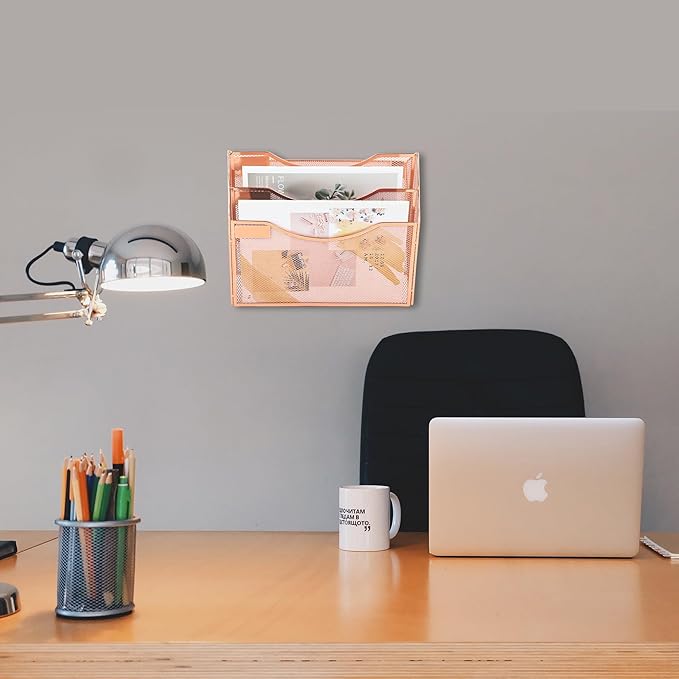 EASEPRES 3 Pocket Mesh Hanging Wall File Organizer, Wall Mounted Mail Paper Document Folder Holder, Clipboard Storage Organization Magazine Rack with Nametag Label for Office Home School, Rose Gold-DeskLoop Office