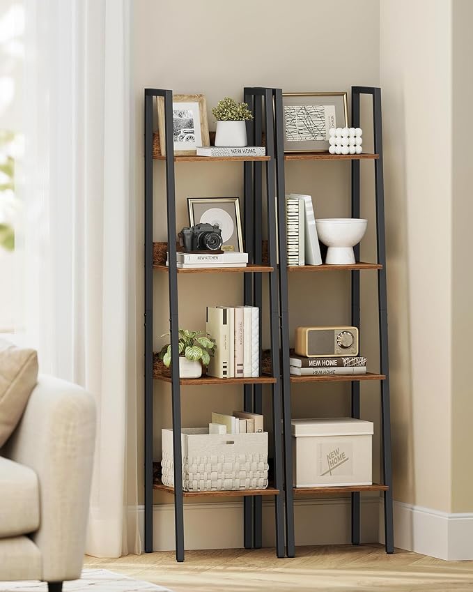 VASAGLE Bookshelf, 4-Tier Narrow Book Shelf, 11.8 x 13.3 x 55.1 Inches, Ladder Shelf for Home Office, Living Room, Bedroom, Kitchen, Rustic Brown and Ink Black ULLS108B01-DeskLoop Office