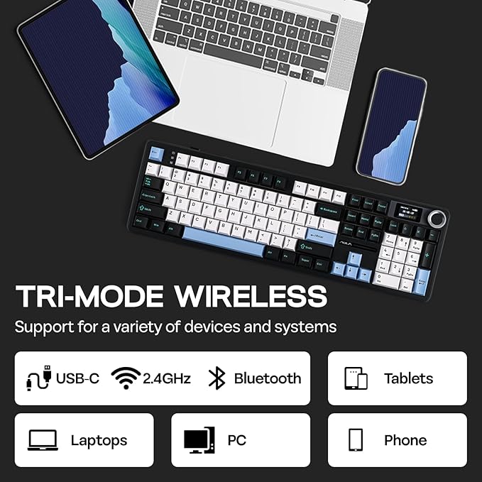 EPOMAKER X Aula F108 PRO Wireless Gaming Keyboard with Screen, 8000mAh Battery, 104 Hot-Swappable and Programmable Keys and Knob, RGB Backlight, for Mac/PC/Android (Blue&White&Black)-DeskLoop Office