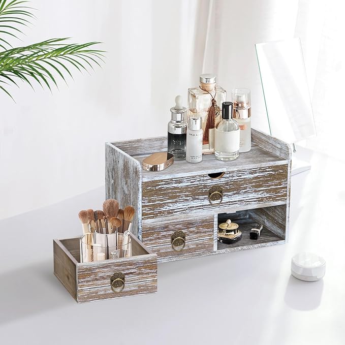 Wood Desk Organizer with Drawer, Washed Brown Wooden Desktop Organizer - Image 8