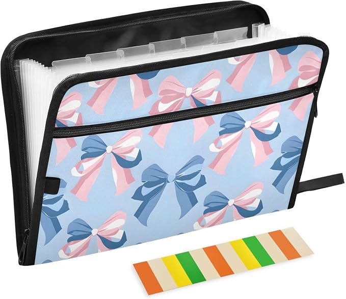 Expanding File Folder Pink Bow Blue Pattern Accordion File Organizer 13 Pockets by ALAZA