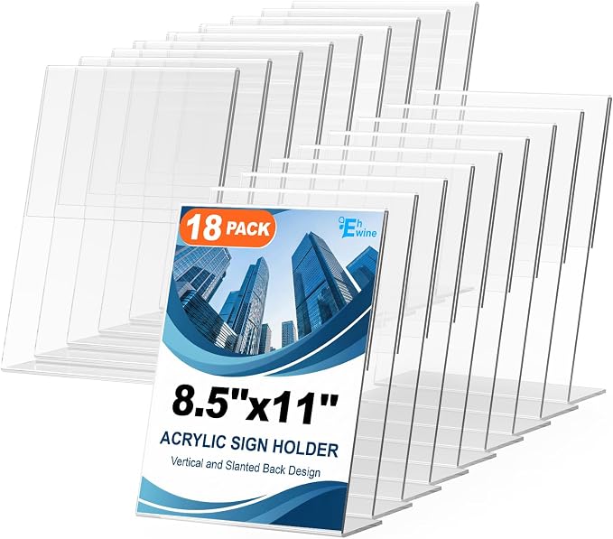EHWINE 18 Pack Acrylic Sign Holder 8.5 x 11, L Shape Clear Plastic Display Stand by EHWINE