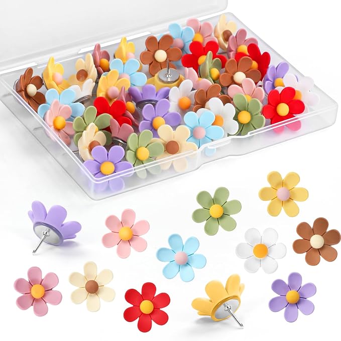 30 Pieces Flowers Push Pins, 10 Colors Cute Thumb Tacks, Decorative Push Pins by GOOLADA