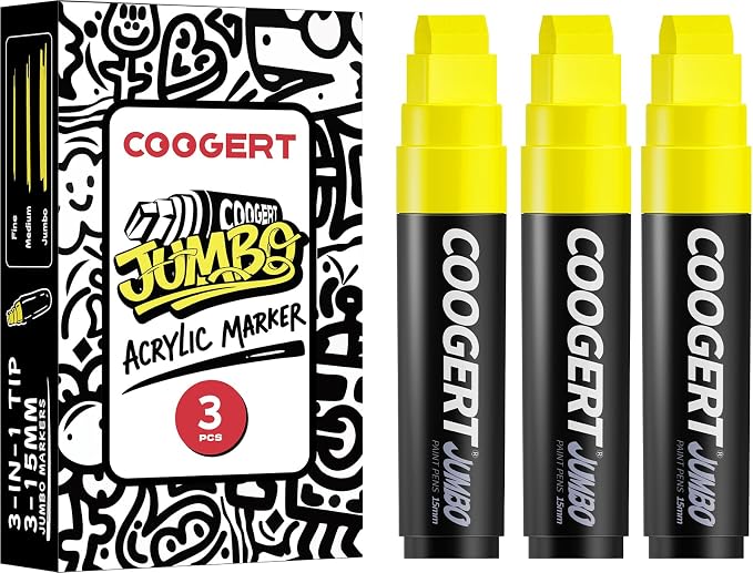 Coogert 3Pcs Yellow Jumbo Poster Markers, 15MM Thick Permanent Acrylic Graffiti by CoogertPaintPens