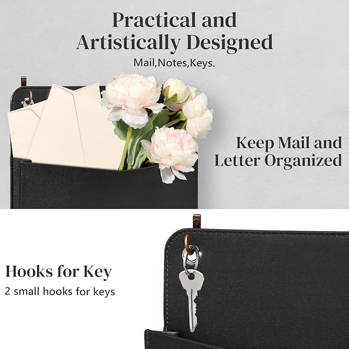 Wall Mount PU Leather Mail Holder Black Faux Leather Letter Holder 2 Ring 9.8" - Image 5