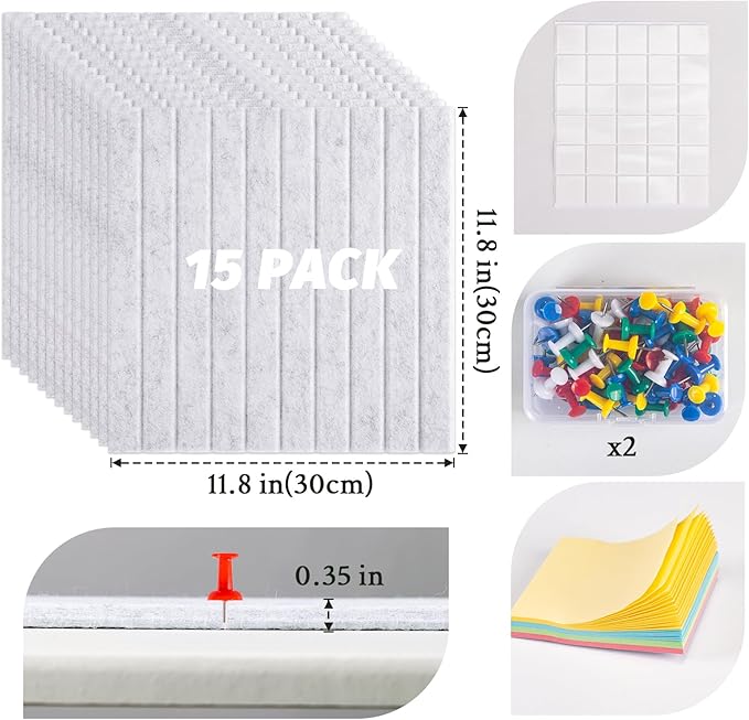 Large Cork Board Alternative, 15 Pack Felt Board with Safe Removable Adhesive Tabs Felt Wall Tiles, Large Cork Boards for Walls, Cork Board for Home Office, Pin Boards for Walls, Stripe Marble White-DeskLoop Office