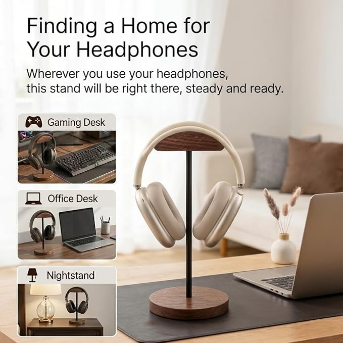 Headphone Holder Stand for Desk, Wood and Metal Headset Hanger Mount Hook - Image 7