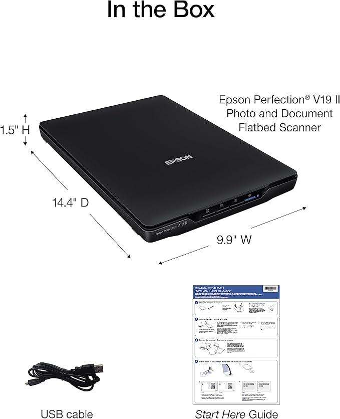 Epson Perfection V19 II Color Photo and Document Flatbed Scanner with 4800 dpi Optical Resolution, USB Power and High-Rise, Removable Lid-DeskLoop Office