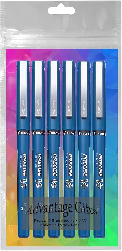 Precise V5/V7 Stick Rolling Ball Pens, Fine and Extra Fine Point, Assorted Points Blue Ink, 6-pk; Bundle with Plastic Reusable Pouch
