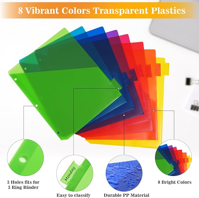8-Tab Dividers for 3 Ring Binder, Subject Dividers, 3-Hole Plastics Sheets - Image 2