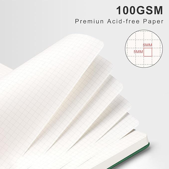 RETTACY Graph Grid Paper Notebook, 110 Pages, A4 Large Size (8.5'' × 11''), 5 Squares per Inch, Leather Hardcover, 100 GSM Thick Paper, for School, Students, Math, Engineering (Dark Green)-DeskLoop Office