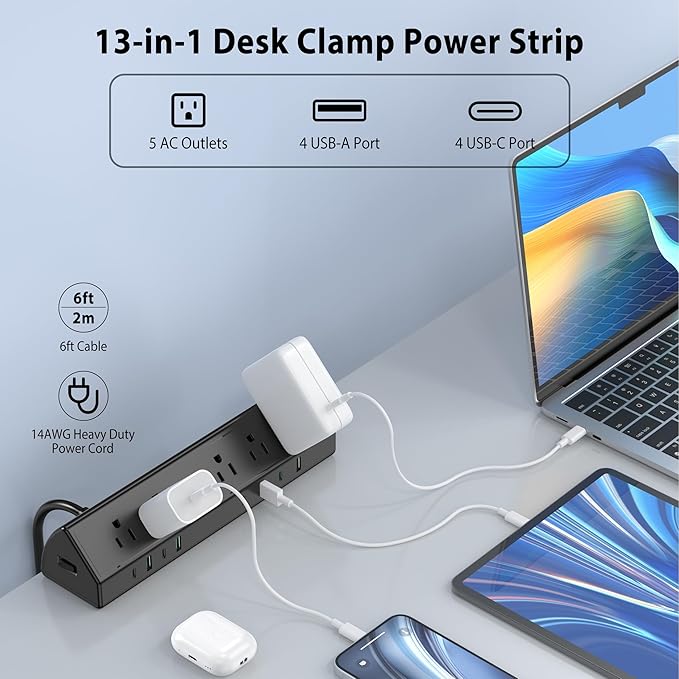 Jgstkcity Desk Clamp Power Strip,45W Fast Charging Station,4 USB-C,4 USB-A,Desk Mount Surge Protector,1875W Extension Cord with Multiple Outlets,ETL Listed,for Home Office Dorm Room-DeskLoop Office
