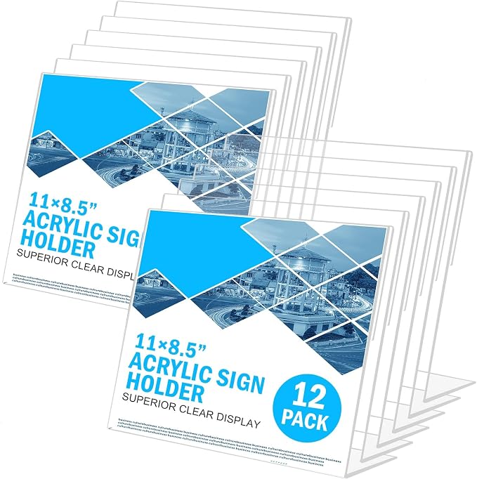 12 Pack Acrylic Sign Holder 8.5 x 11 Horizontal Slant Back Acrylic Stands by COYMOS