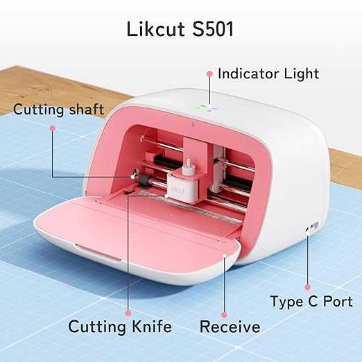 S501 Vinyl Cutter Machine with Built-in Storage, Die Cutting Machine of Multi Material Vinyl, HTV, Cardstock, Paper, Includes Cutting Mat, Black Pen, Weeding Tool, Pink-DeskLoop Office