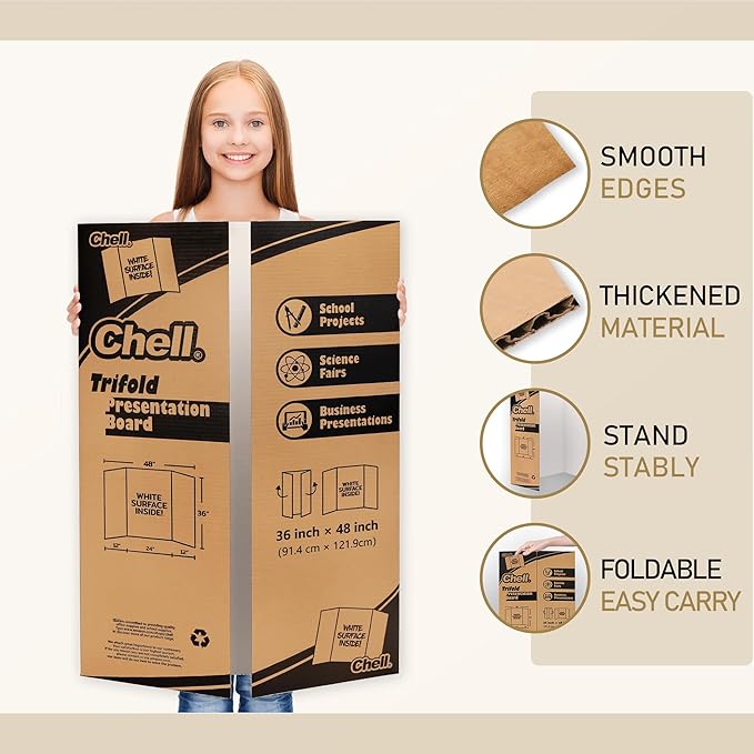 Chell 36" x 48" Large Trifold Poster Board, 2 Pack, White Corrugated Project Boards for Science Fair, School Projects, Event Displays and Business Presentations-DeskLoop Office